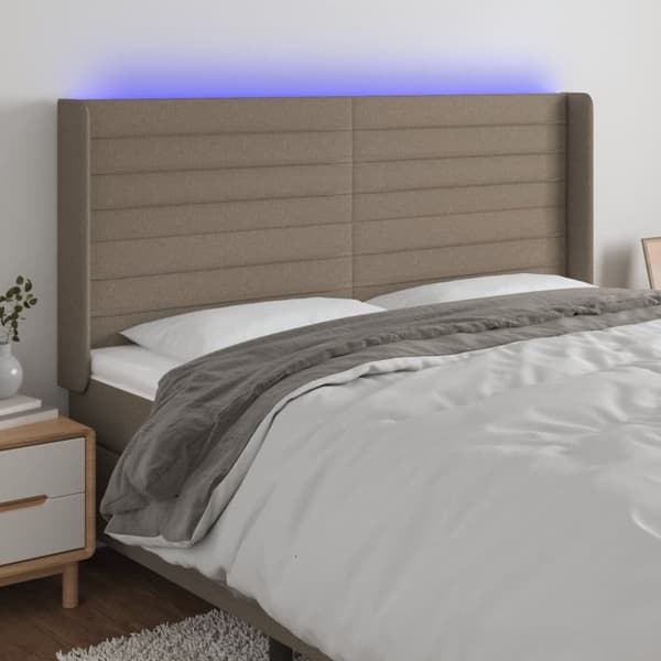 sengegavl med LED-lys 203x16x118/128 cm stof gråbrun