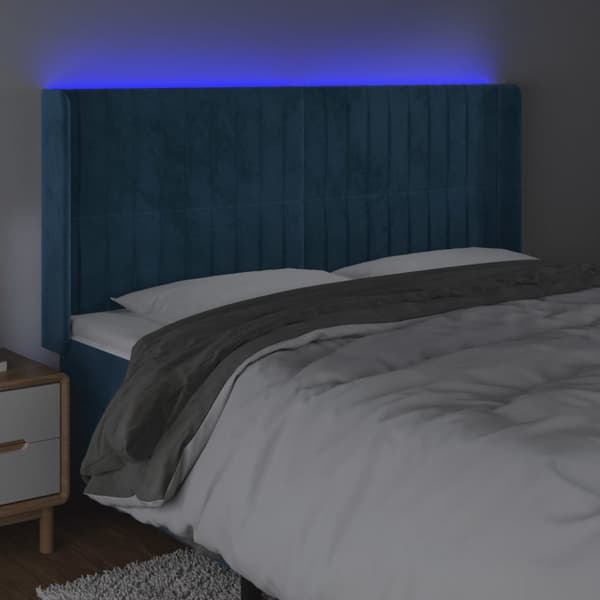 sengegavl med LED-lys 183x16x118/128 cm fløjl mørkeblå