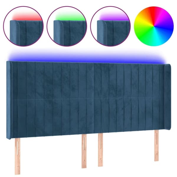 sengegavl med LED-lys 183x16x118/128 cm fløjl mørkeblå
