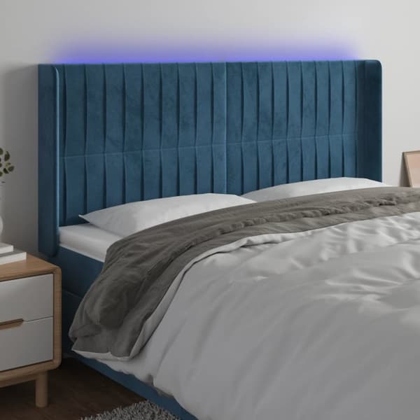 sengegavl med LED-lys 183x16x118/128 cm fløjl mørkeblå