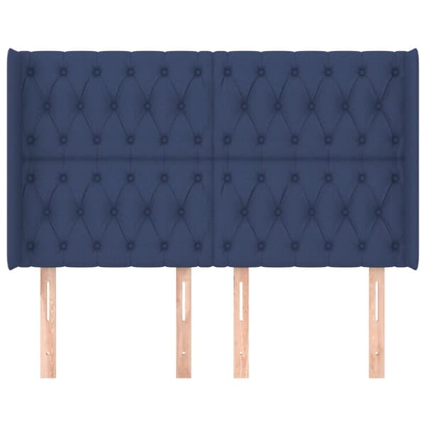 sengegavl med kanter 147x16x118/128 cm stof blå