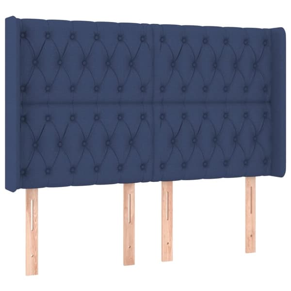 sengegavl med kanter 147x16x118/128 cm stof blå