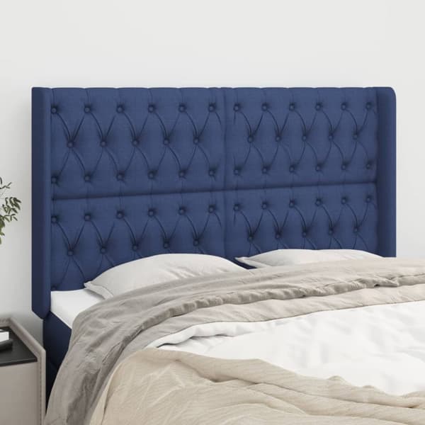 sengegavl med kanter 147x16x118/128 cm stof blå