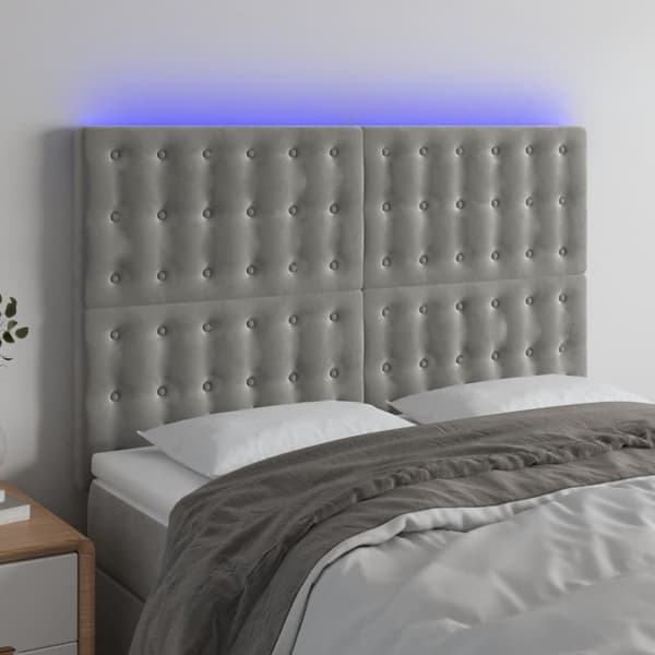 sengegavl med LED-lys 144x5x118/128 cm fløjl lysegrå