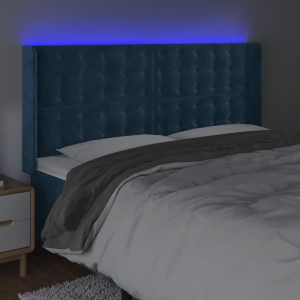 sengegavl med LED-lys 203x16x118/128 cm fløjl mørkeblå