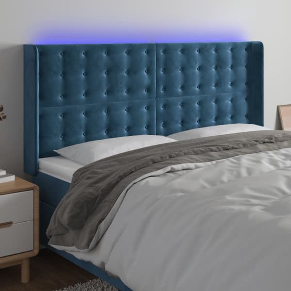 sengegavl med LED-lys 203x16x118/128 cm fløjl mørkeblå