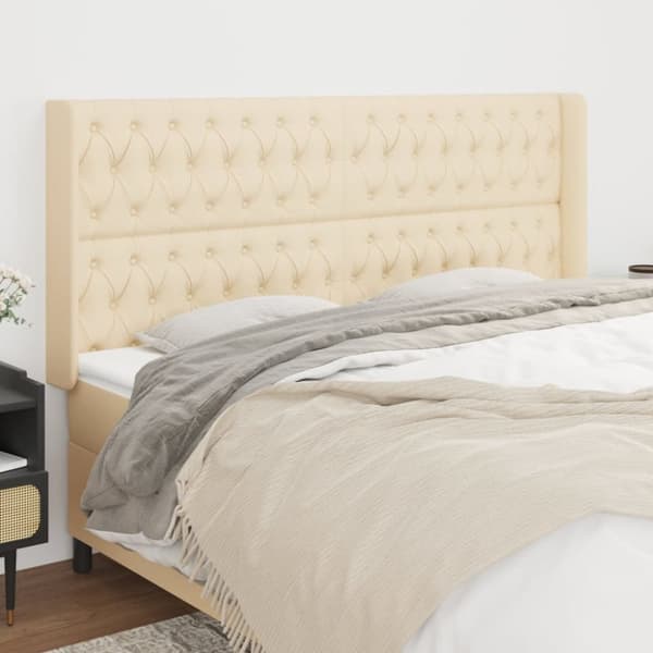 sengegavl med kanter 203x16x118/128 cm stof cremefarvet