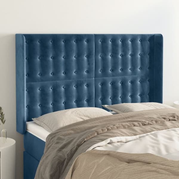 sengegavl med kanter 147x16x118/128 cm fløjl mørkeblå