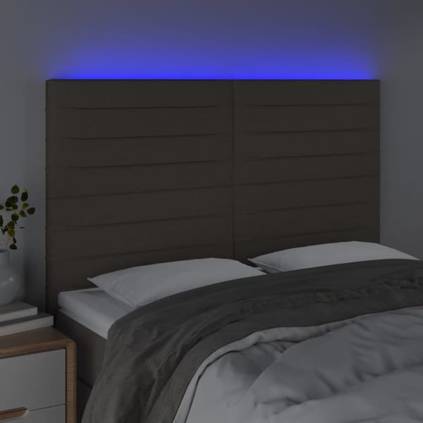 sengegavl med LED-lys 144x5x118/128 cm stof gråbrun