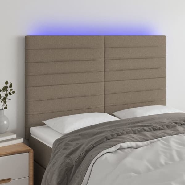 sengegavl med LED-lys 144x5x118/128 cm stof gråbrun