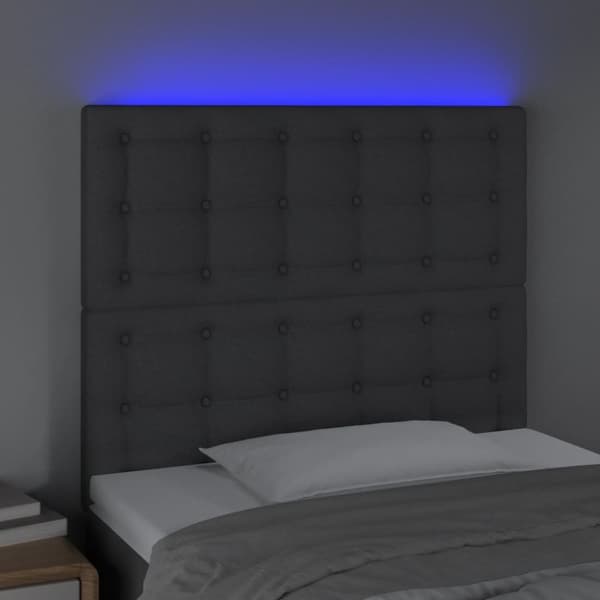 sengegavl med LED-lys 100x5x118/128 cm stof mørkegrå