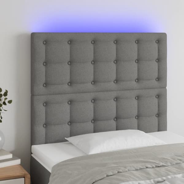 sengegavl med LED-lys 100x5x118/128 cm stof mørkegrå