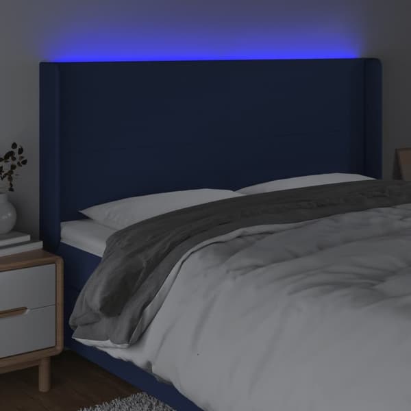 Sängyn pääty LED-valolla, sininen, 203x16x118/128 cm, kangas