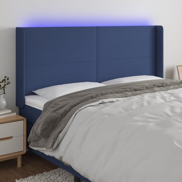 Sängyn pääty LED-valolla, sininen, 203x16x118/128 cm, kangas