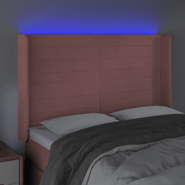 sengegavl med LED-lys 147x16x118/128 cm fløjl lyserød