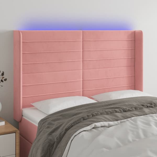 sengegavl med LED-lys 147x16x118/128 cm fløjl lyserød