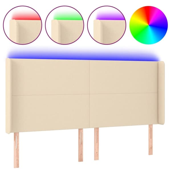 sengegavl med LED-lys 163x16x118/128 cm stof cremefarvet