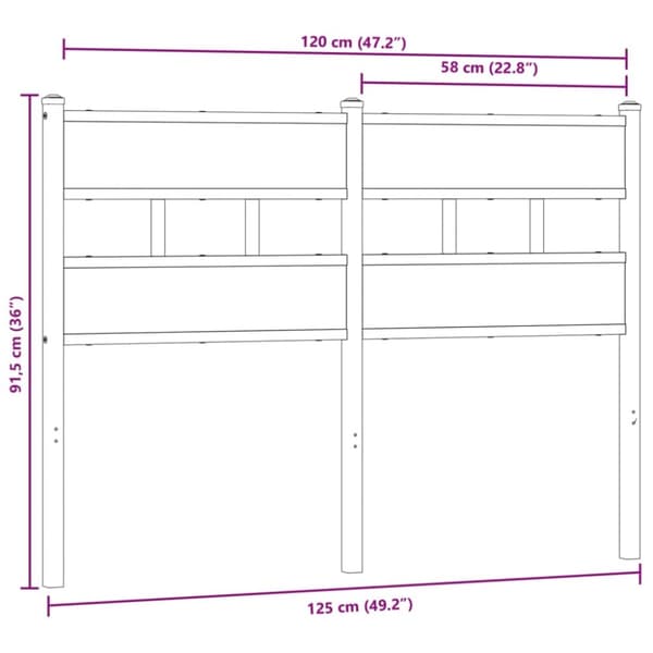 vidaXL Sängynpääty savutammi 120 cm rauta ja tekninen puu