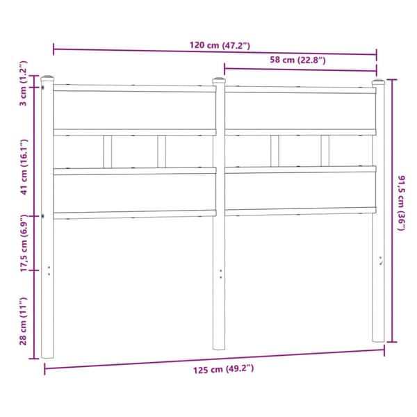 vidaXL Sängynpääty ruskea tammi 120 cm teräs ja tekninen puu