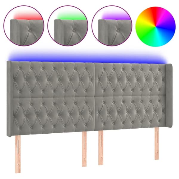 Sänggavel LED ljusgrå 183x16x118/128 cm sammet