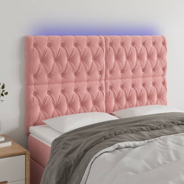 Sänggavel LED rosa 144x7x118/128 cm sammet