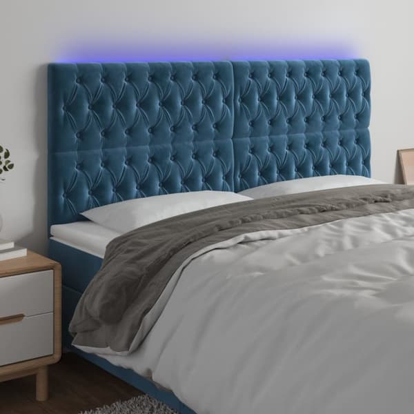 Sänggavel LED mörkblå 180x7x118/128 cm sammet
