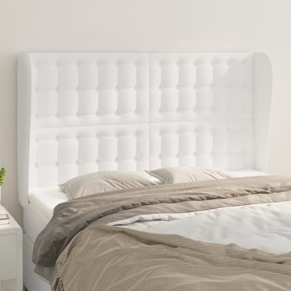 Sänggavel med kanter vit 147x23x118/128 cm konstläder