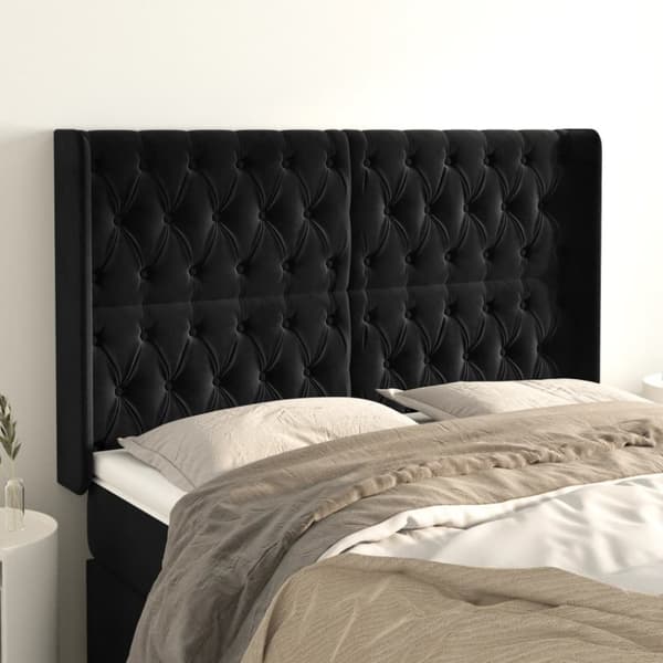 Sänggavel med kanter svart 147x16x118/128 cm sammet