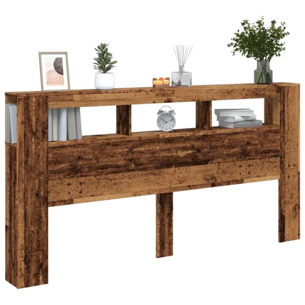 sengegavl med LED 200x18,5x103,5 cm konstrueret træ antikt træ