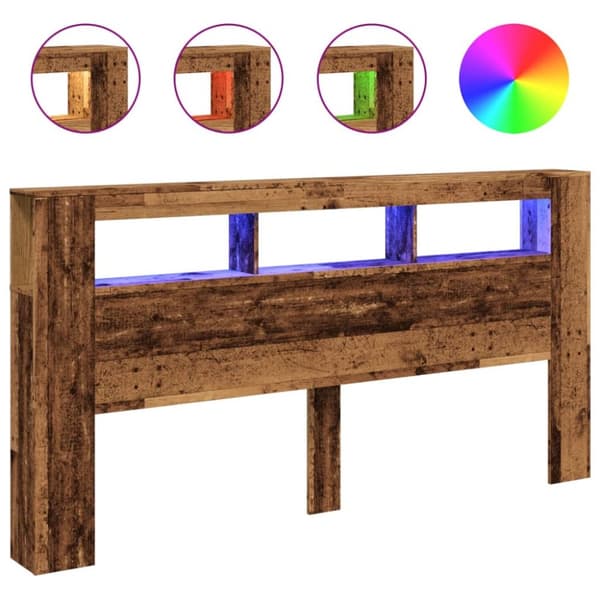 sengegavl med LED 200x18,5x103,5 cm konstrueret træ antikt træ