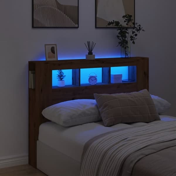 vidaXL sengegavl m. LED-lys 140x18,5x103,5 cm konstrueret træ kunsteg