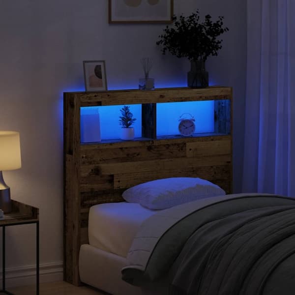 vidaXL sengegavl med opbevaring og LED-lys 100x17x102 cm antikt træ