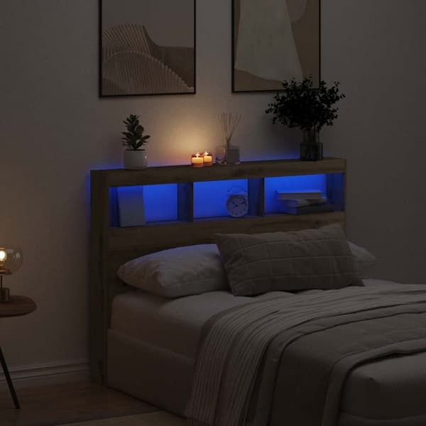 vidaXL Sängynpäätykaappi LED-valoilla artesaani tammi 140x17x102 cm