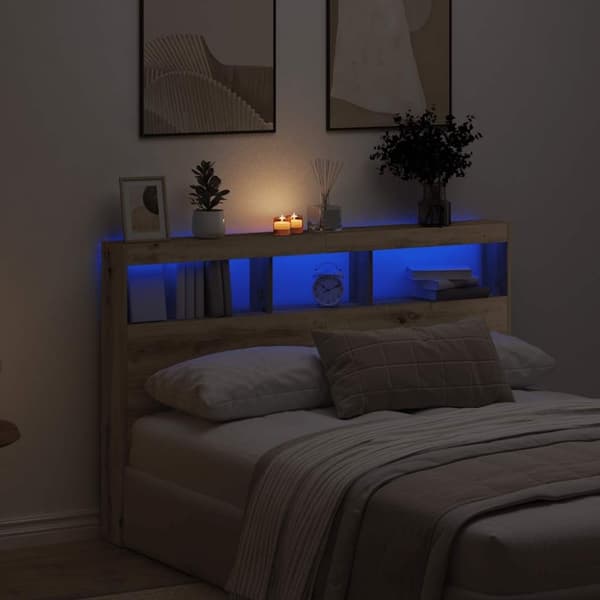 vidaXL Sängynpäätykaappi LED-valoilla artesaani tammi 160x17x102 cm