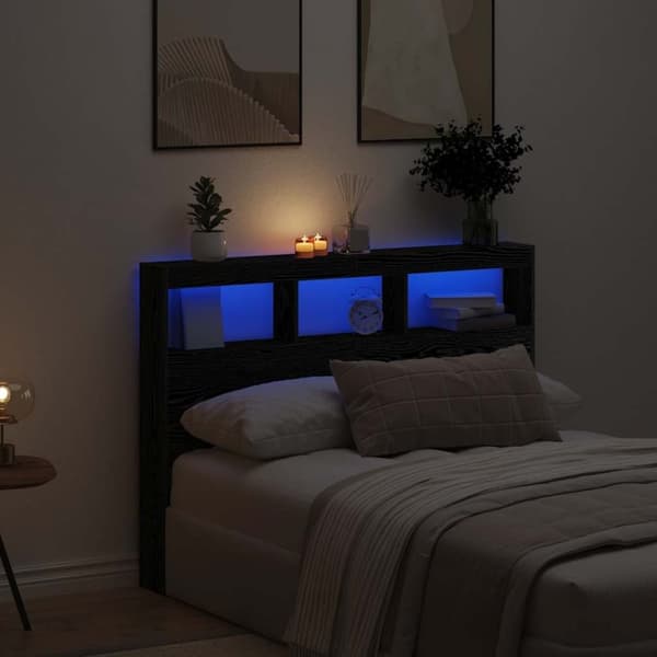 vidaXL Sängynpäätykaappi LED-valoilla musta tammi 140x17x102 cm