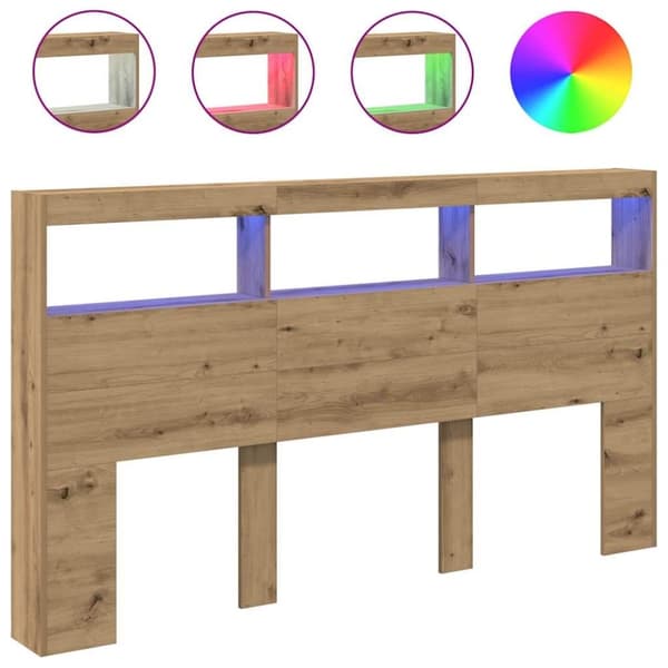 vidaXL Sängynpäätykaappi LED-valoilla artesaani tammi 180x17x102 cm