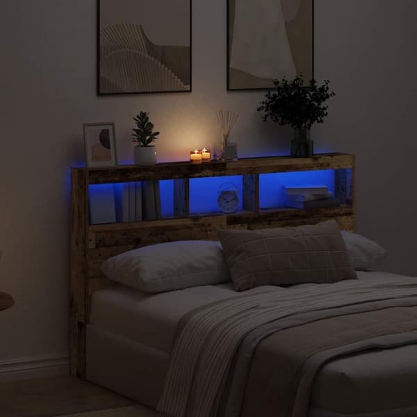 vidaXL sengegavl med opbevaring og LED-lys 160x17x102 cm antikt træ