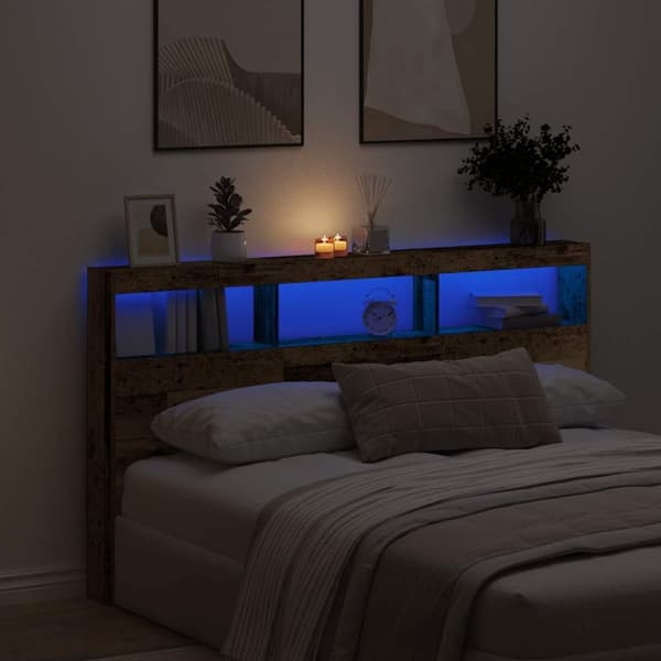 vidaXL Sängynpäätykaappi LED-valoilla vanhaa puuta 180x17x102 cm