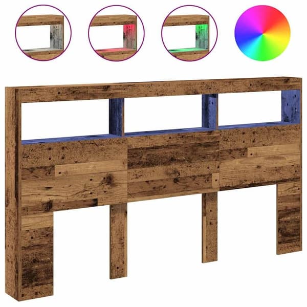 vidaXL Sängynpäätykaappi LED-valoilla vanhaa puuta 180x17x102 cm