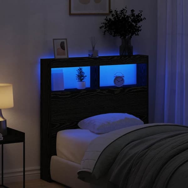 vidaXL sengegavl med opbevaring og LED-lys 100x17x102 cm sort eg