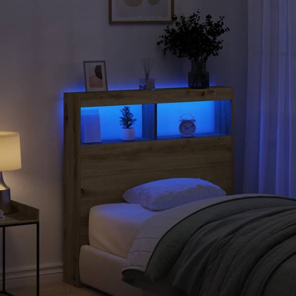 vidaXL Sängynpäätykaappi LED-valoilla artesaani tammi 100x17x102 cm