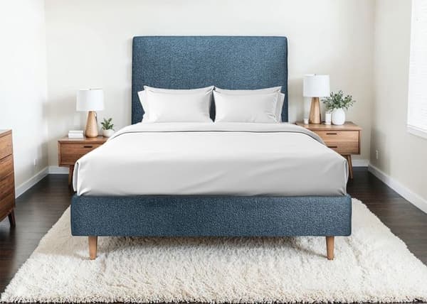 Toppanel Klädd Bouclette Blå L 150 cm - Tjocklek 10 cm stoppad - Design huvudgavel i massivt trä