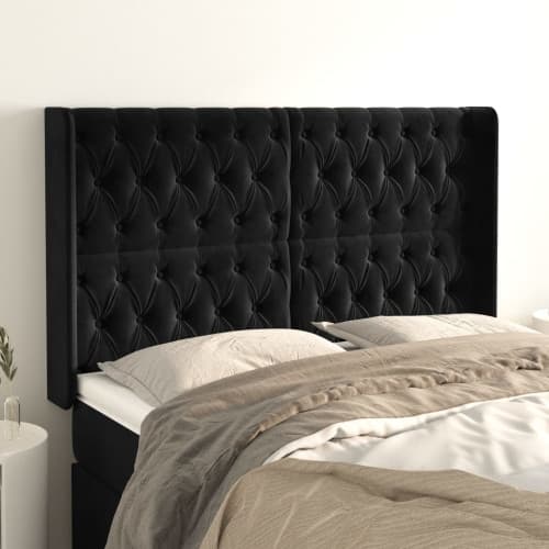 Sänggavel med kanter svart 163x16x118/128 cm sammet