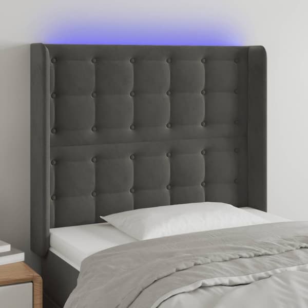 Sänggavel LED mörkgrå 103x16x118/128 cm sammet