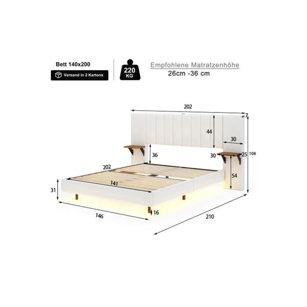Lit capitonné 140*200 cm, Doldigt sängben, Dubbel, Extra stor huvudgavel, Beige