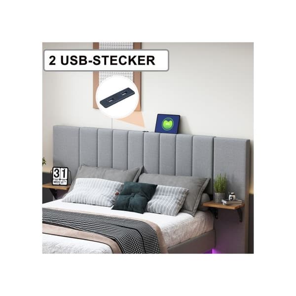 Klädd säng 140*200 cm, Dold sängfot, Dubbel, Mycket stor sänggavel, Sidoförvaring, Grå
