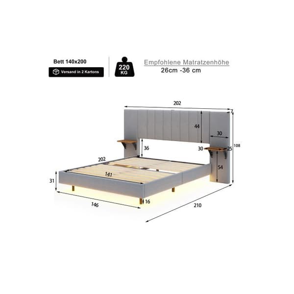 Klädd säng 140*200 cm, Dold sängfot, Dubbel, Mycket stor sänggavel, Sidoförvaring, Grå