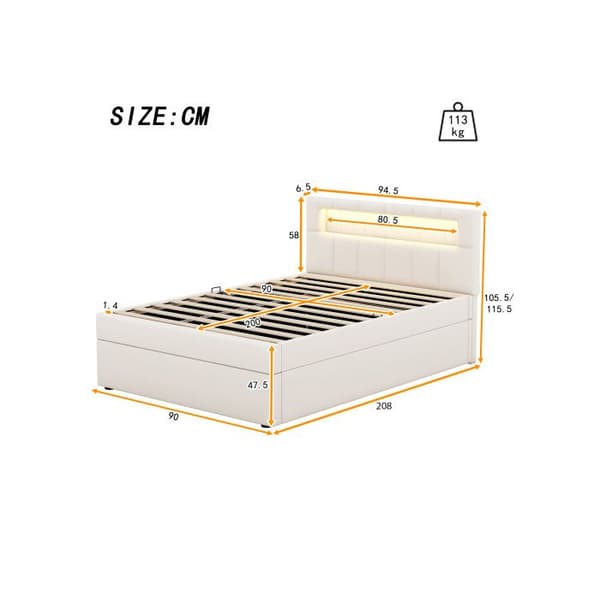 Säng, 90*200 cm, Knäppt sänggavel, Stämningsbelysning på sänggaveln, Justerbar sänggavel, Sammet, Beige