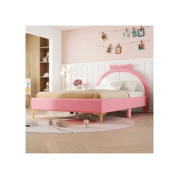 Säng 140*200cm, vadderad säng, bekväm sänggavel, rosa utseende, elegant och enkel, rosa