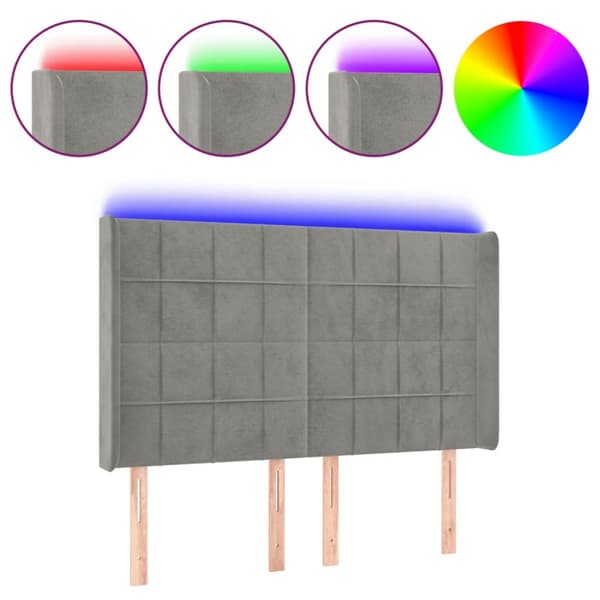 Sänggavel LED ljusgrå 147x16x118/128 cm sammet